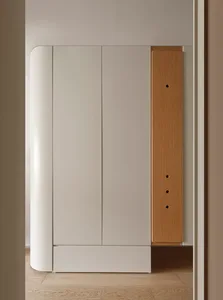Modern minimalist wardrobe cabinet with white oak and white matte finish.