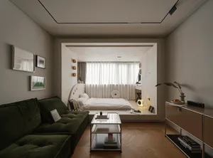 A bedroom with modern design featuring neutral tones and a built-in bed area.