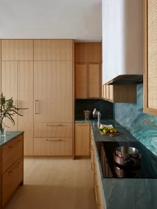 Contemporary kitchen featuring wooden cabinets and marble countertops.