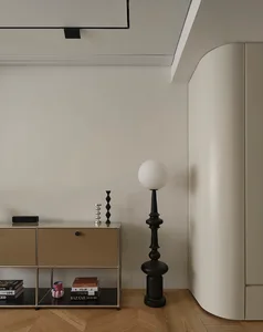 Modern living room featuring metal and wood elements.