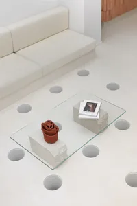 An image of a modern living room featuring a glass coffee table with a unique design, located next to a white sofa.
