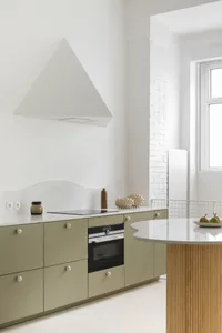 A modern, minimalist kitchen with green cabinets and marble countertops.