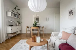 Modern minimalist living room with a wood coffee table and white sofa, featuring a round pendant light and a white shelving u