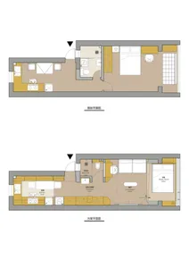 A floor plan of a renovated apartment featuring neutral colors.