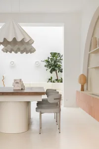 Modern residential dining room featuring wooden furniture, minimalist decor, and a potted plant.