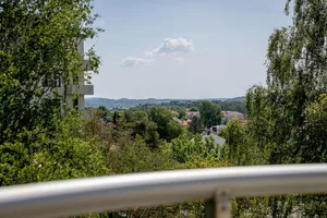 A view of an urban landscape with green spaces, buildings, and a metal railing.