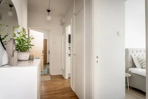 Interior design with minimalist style, featuring white walls and wooden flooring, enhanced with green indoor plants.