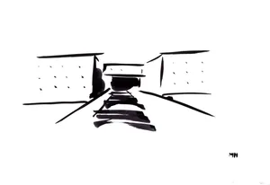 Simplified black and white ink drawing of an architecture plan