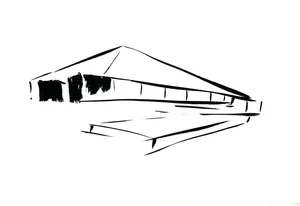 A black-and-white line drawing depicting a modern building with a concrete facade.