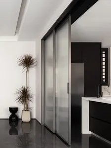 Modern residential interior featuring glass sliding doors and black accents.