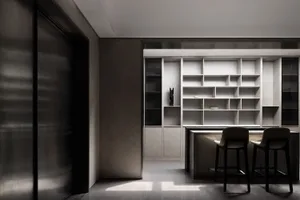 A modern interior featuring concrete, glass, and metal materials.