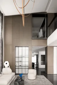 Modern living room with marble floor and concrete elements