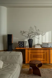 Modern living room with wooden furniture and beige walls.