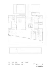 Detailed 2D architectural blueprint of a residential building with various rooms and spaces labeled.