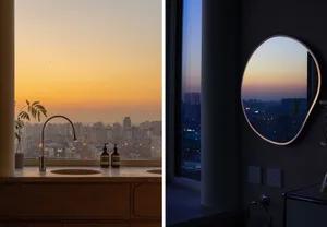 Two photographs showing a residential view with a city skyline at sunset, featuring sleek black windows with a modern design.
