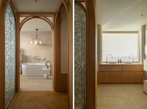 Modern, contemporary bathroom with wooden accents and a minimalist design.