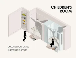 An isometric rendering of a children's room featuring color blocks to divide independent spaces.
