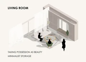 a living room with minimalist storage solutions
