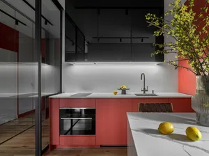 Modern minimalist kitchen with red cabinets, white countertops, and industrial-style elements.