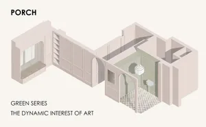 Isometric rendering of a porch space with green walls, a chandelier, and a carpeted floor.