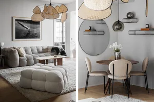 Modern living room and dining room set featuring grey upholstered furniture, wooden dining table, and decorative lighting.