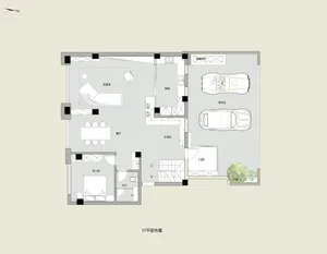 A digital rendering of a modern floor plan with living room, dining room, kitchen, and parking area.