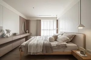 A modern minimalist bedroom with wooden elements, fabric, and textile accents.