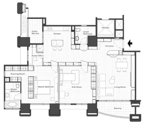 Modern furniture layout with wooden flooring in a residential architecture setting.