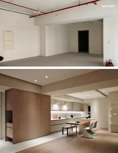 Modern minimalist residential kitchen with white laminate cabinets, wooden countertops, and metallic fixtures.