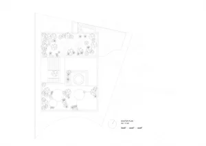 Sketch of a modern lawn and contemporary garden design, featuring a mix of plants and structures.