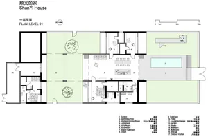 Floor plan of a residential home labeled 'ShunYi House' with various rooms and sections indicated.