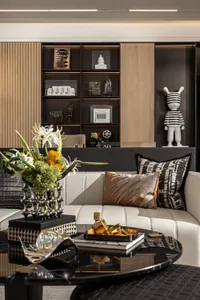 Modern living room featuring a contemporary interior design with concrete elements.