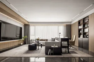 A modern, minimalist living room featuring contemporary furniture and a large television.
