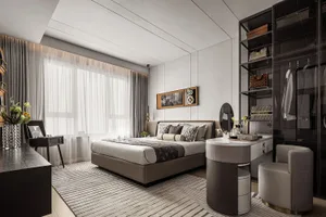 A modern minimalist bedroom featuring bed with fabric headboard, wooden floor, and white walls.