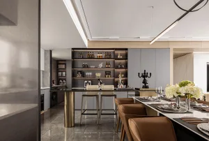 A modern residential kitchen featuring metallic, marble, and leather materials.