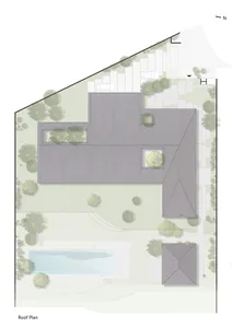 Modern roof plan of a residential house showing the layout and design of the house from above.