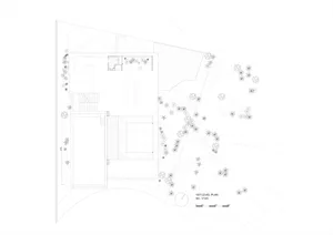 A detailed 2D architectural floor plan of a residential building, featuring rooms and outdoor areas.