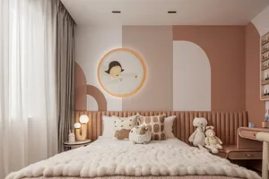 A minimalist children's bedroom featuring a bed with a white fur blanket, stuffed animals, and a light-colored headboard.