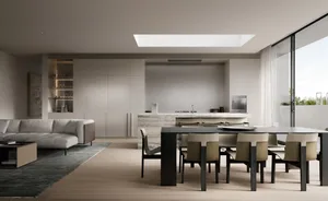 A modern kitchen with a concrete island and minimalist design.
