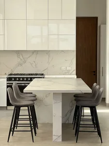 Modern kitchen with white marble countertops and cabinets
