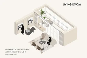 A minimalist modern living room with a clean, open layout, including a bookshelf, sofa, and coffee table.