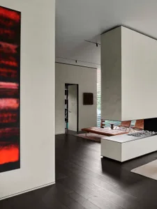 Minimalist living room with concrete fireplace and dark wood flooring