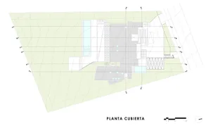 A modern architectural floor plan featuring a mix of materials and contemporary design elements.