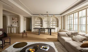 A modern living room with wooden floors, marble accents, and glass elements.