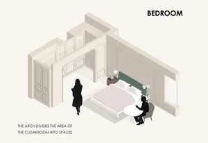 A minimalist bedroom with a bed, table, and silhouette figure in a rendered image.