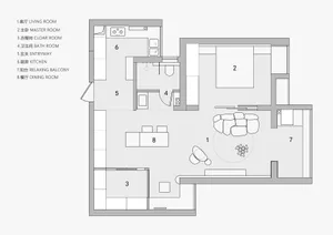 A minimalist floor plan showing a modern residential apartment with a living room, bedroom, closet, bathroom, entryway, kitch