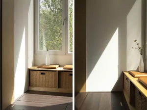 A minimalist window seat with wooden cushions and woven baskets, illuminated by natural light coming through the window.
