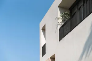 Modern building exterior featuring concrete architecture, window details, and a plant growing through a window.