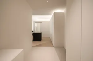 現代簡約玄關，混凝土牆面搭配木地板。