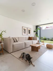 A minimalist living room with a beige sectional sofa, wooden coffee table, and woven rug. A dog is laying on the rug.